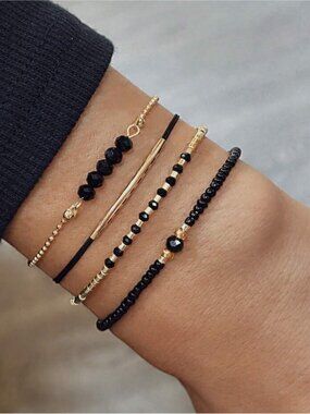 Gold & Black Beaded Layered Bracelet Set (4pcs)  - Women's Jewelry